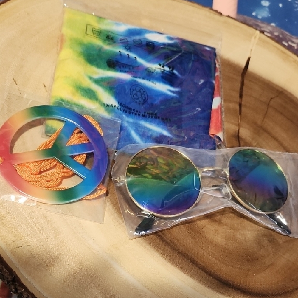 Colorful Peace Sign Necklace/Bandana and Sunglasses New.